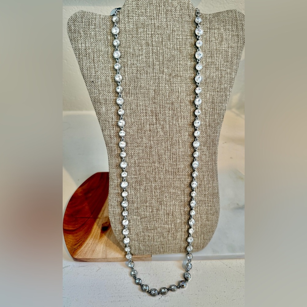 Chico’s Brulee’ Clear Crystal Bezel-Set Silver Tone Long  Necklace